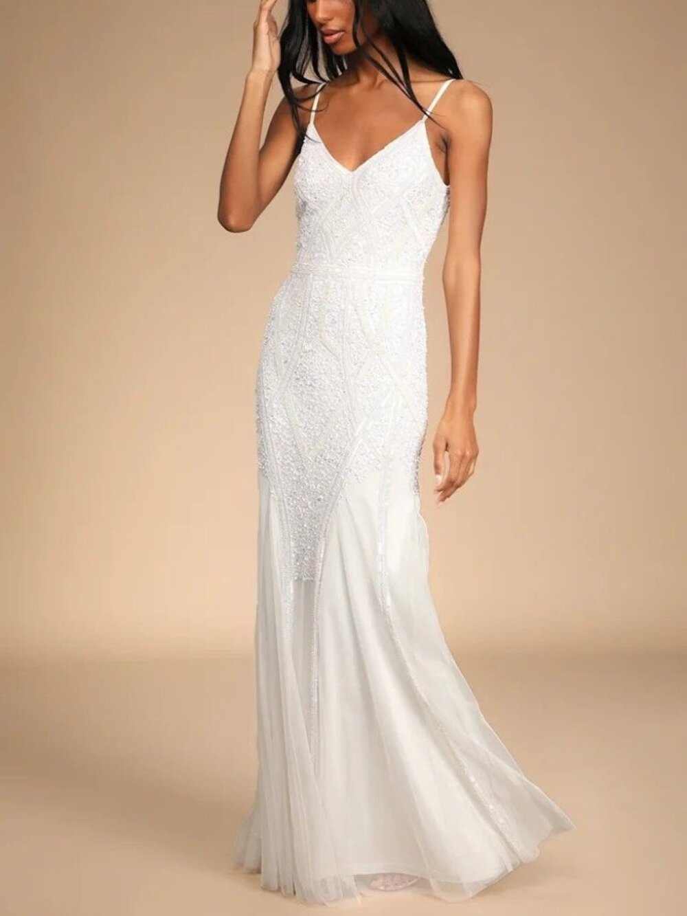 NWOT Lulus Just the Beginning White Beaded Sequin Mermaid Maxi Dress size L